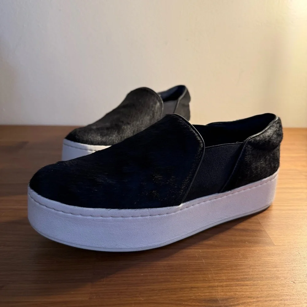 Vince Warren Pony Hair Slip On in Black with White Platform, size 6.5